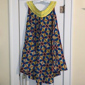 Ghana Swing Dress, Sleeveless, Embellished Neckline Trim, Ankara Print Fabric